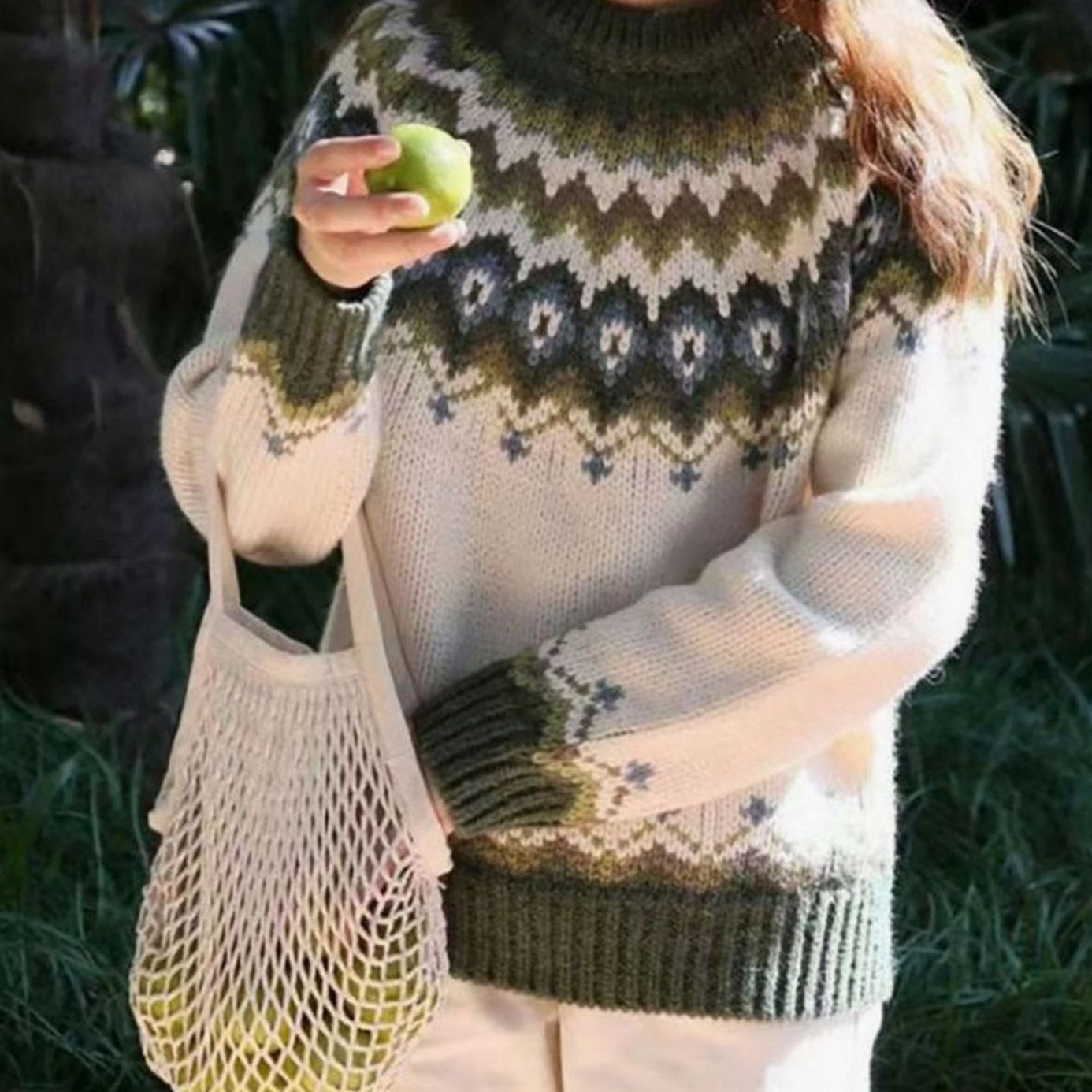 Women's Relaxed-Fit Fair Isle Nordic Pattern Sweater - Green
