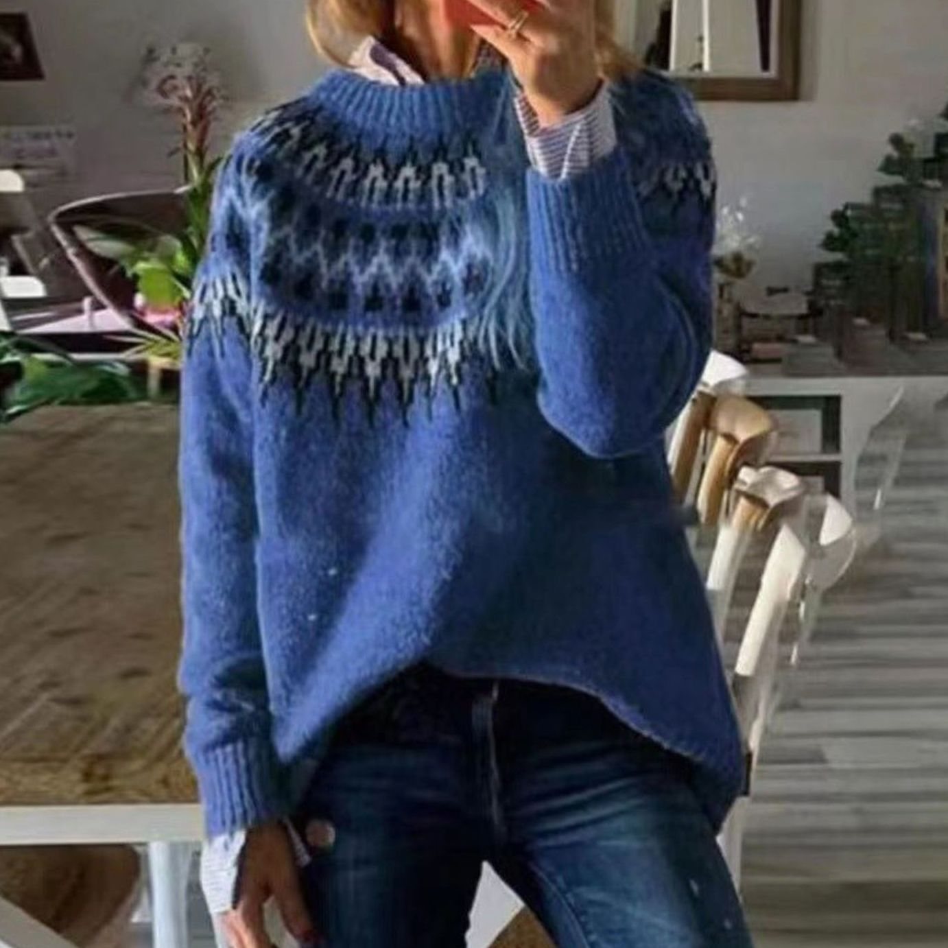 Women's Relaxed-Fit Fair Isle Nordic Pattern Sweater - Blue