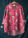 Women's Relaxed-Fit Floral Rose-Print Long-Sleeve Ruffle Blouse