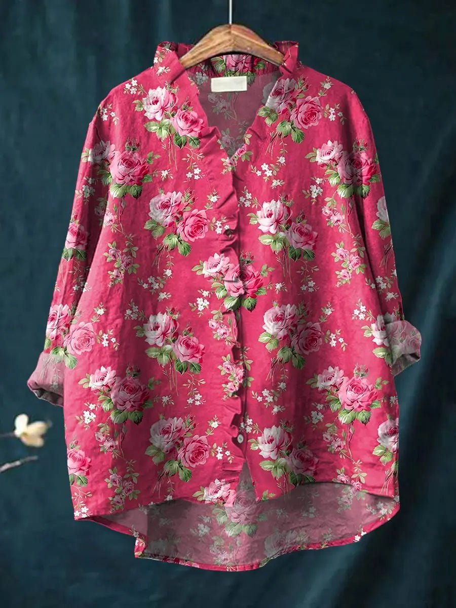 Women's Relaxed-Fit Floral Rose-Print Long-Sleeve Ruffle Blouse