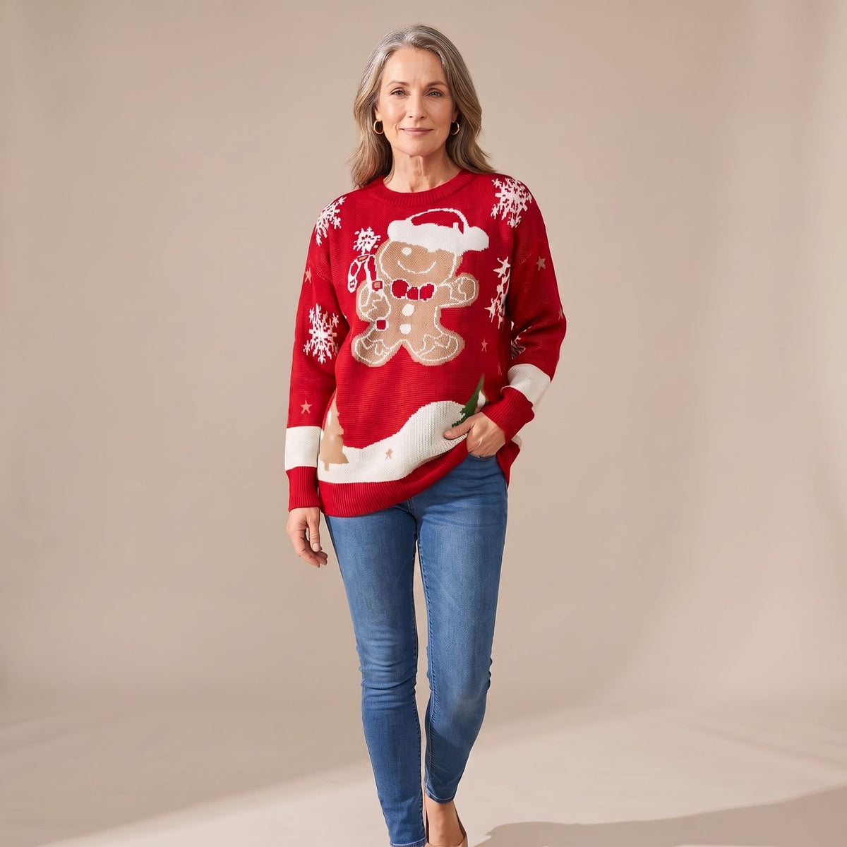 Women's Relaxed-Fit Gingerbread Knit Christmas Sweater