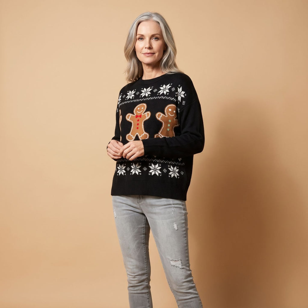 Women's Relaxed-Fit Gingerbread Knit Christmas Sweater