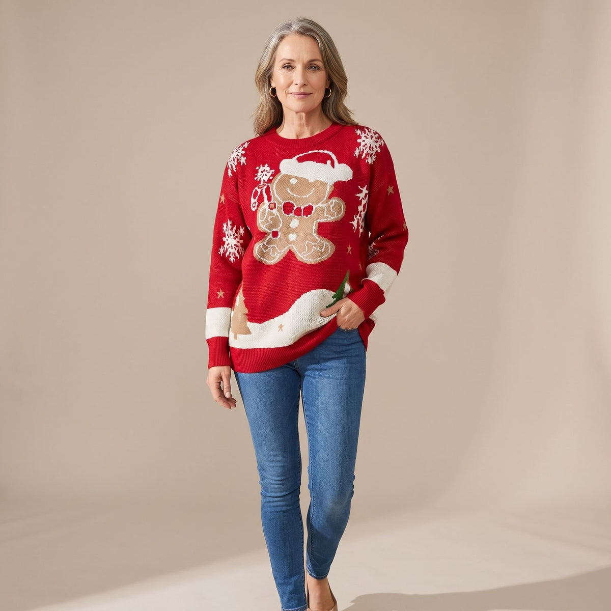 Women's Relaxed-Fit Gingerbread Knit Christmas Sweater - Red