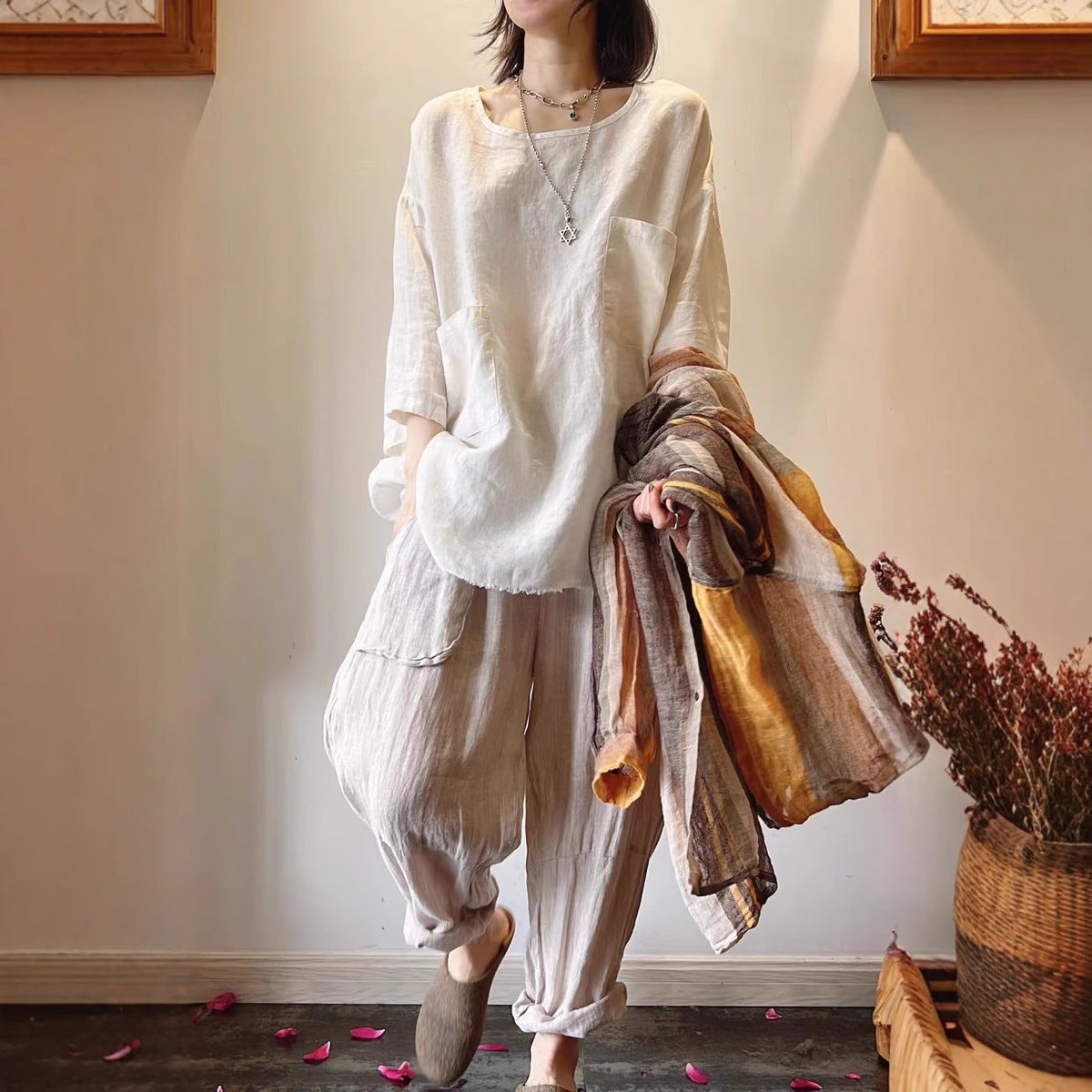 Women's Relaxed-Fit Linen Patch-Pocket Tunic Top
