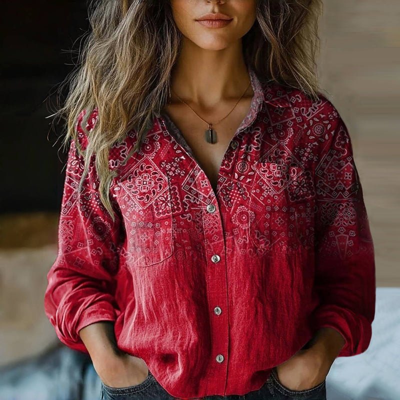 Women's Relaxed-Fit Long-Sleeve Paisley Button-Up Bohemian Blouse - Red