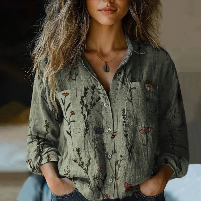 Women's Relaxed-Fit Long-Sleeve Paisley Button-Up Bohemian Blouse - Green