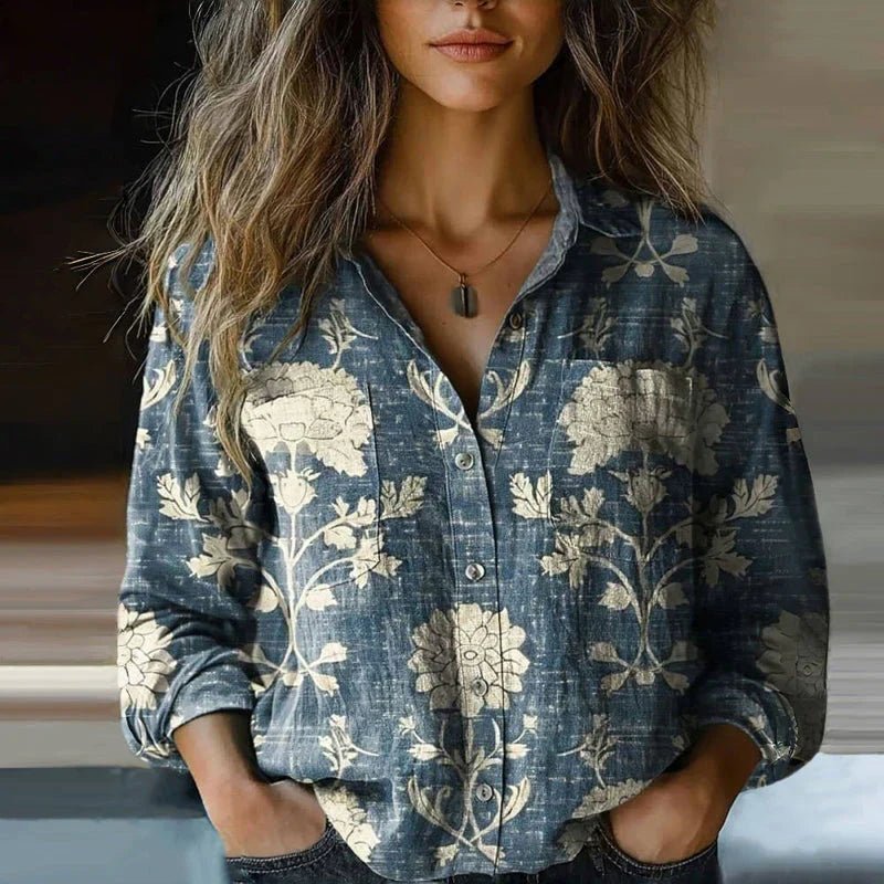 Women's Relaxed-Fit Long-Sleeve Paisley Button-Up Bohemian Blouse - Blue