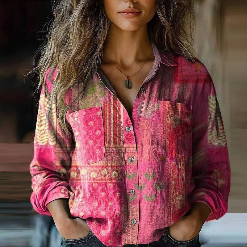 Women's Relaxed-Fit Long-Sleeve Paisley Button-Up Bohemian Blouse - Pink