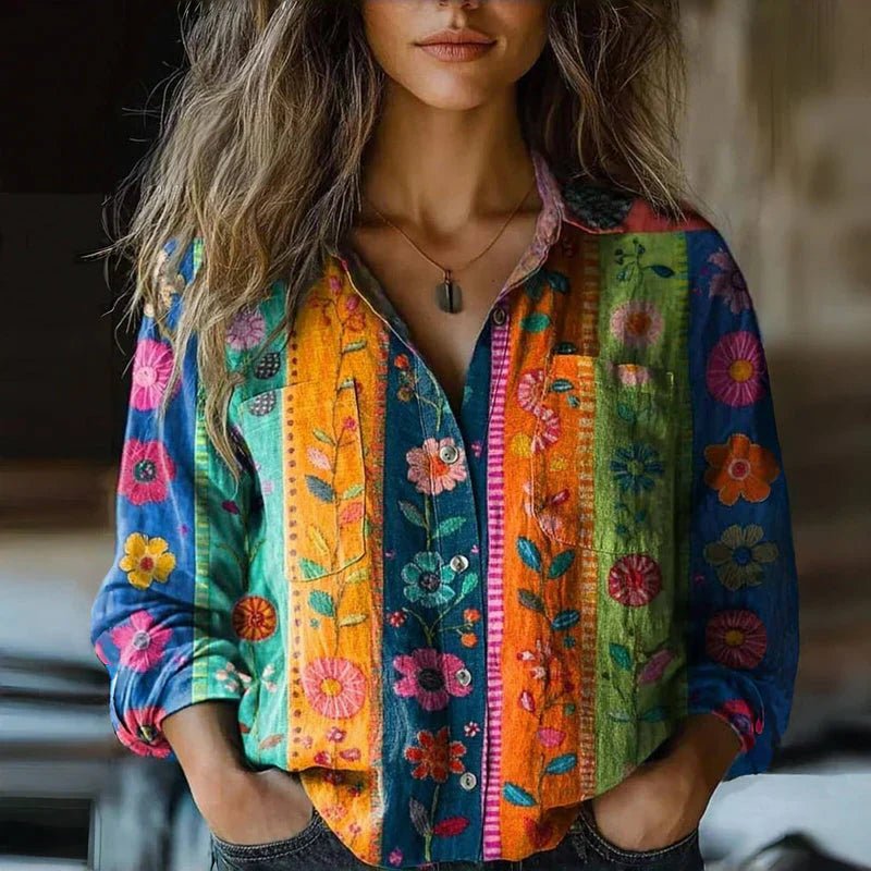 Women's Relaxed-Fit Long-Sleeve Paisley Button-Up Bohemian Blouse - Multicolored