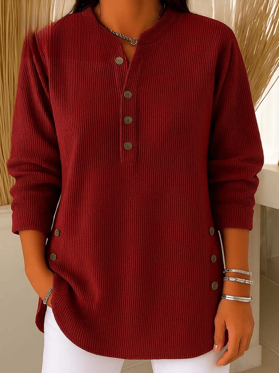 Women's Relaxed-Fit Longline Henley Ribbed Tunic Top - Burgundy