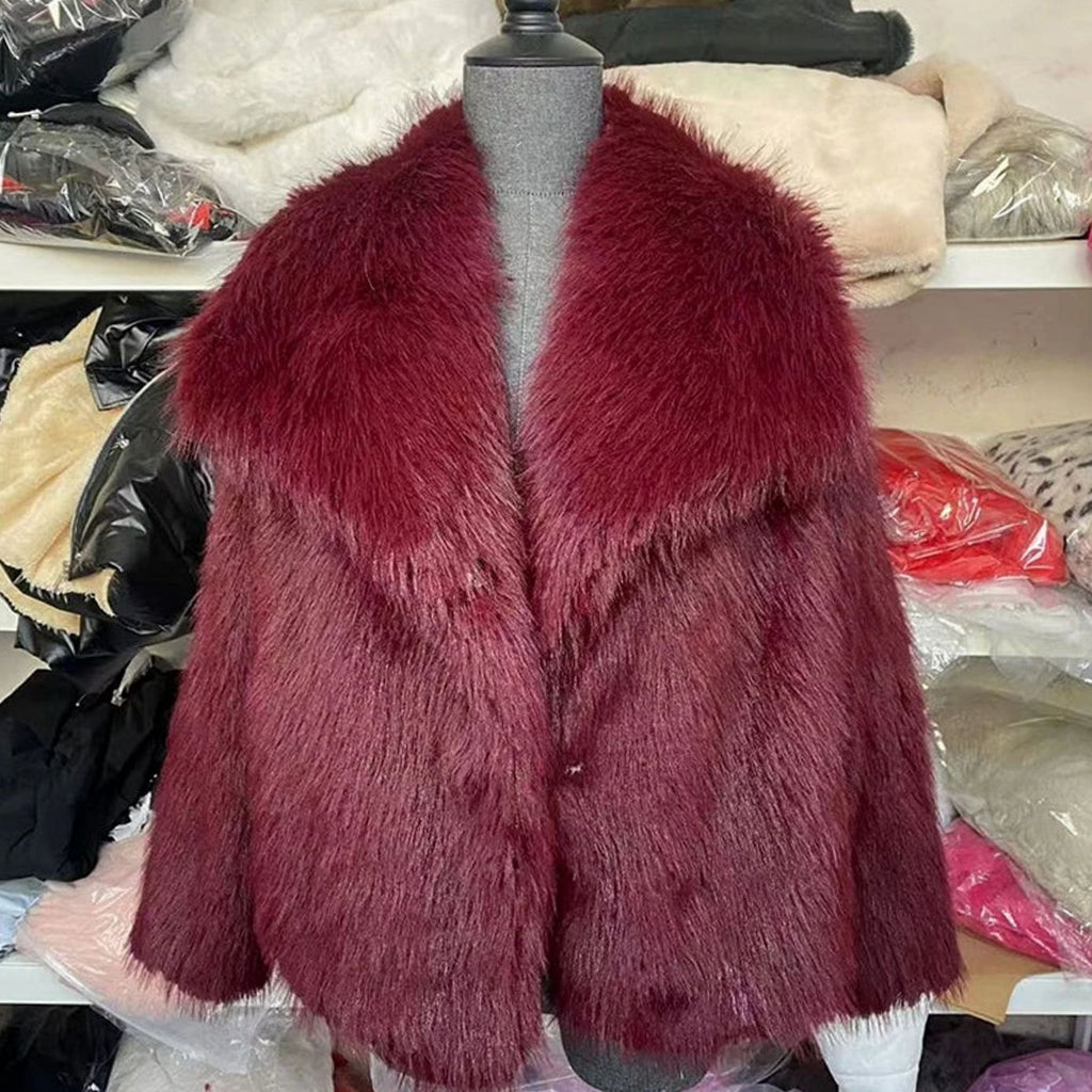 Women's Relaxed Fit Open Front Faux Fur Jacket - Burgundy