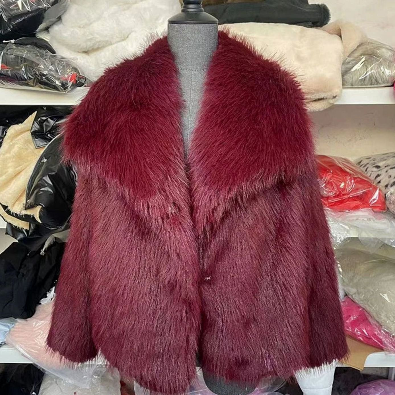 Women's Relaxed Fit Open Front Faux Fur Jacket - Burgundy
