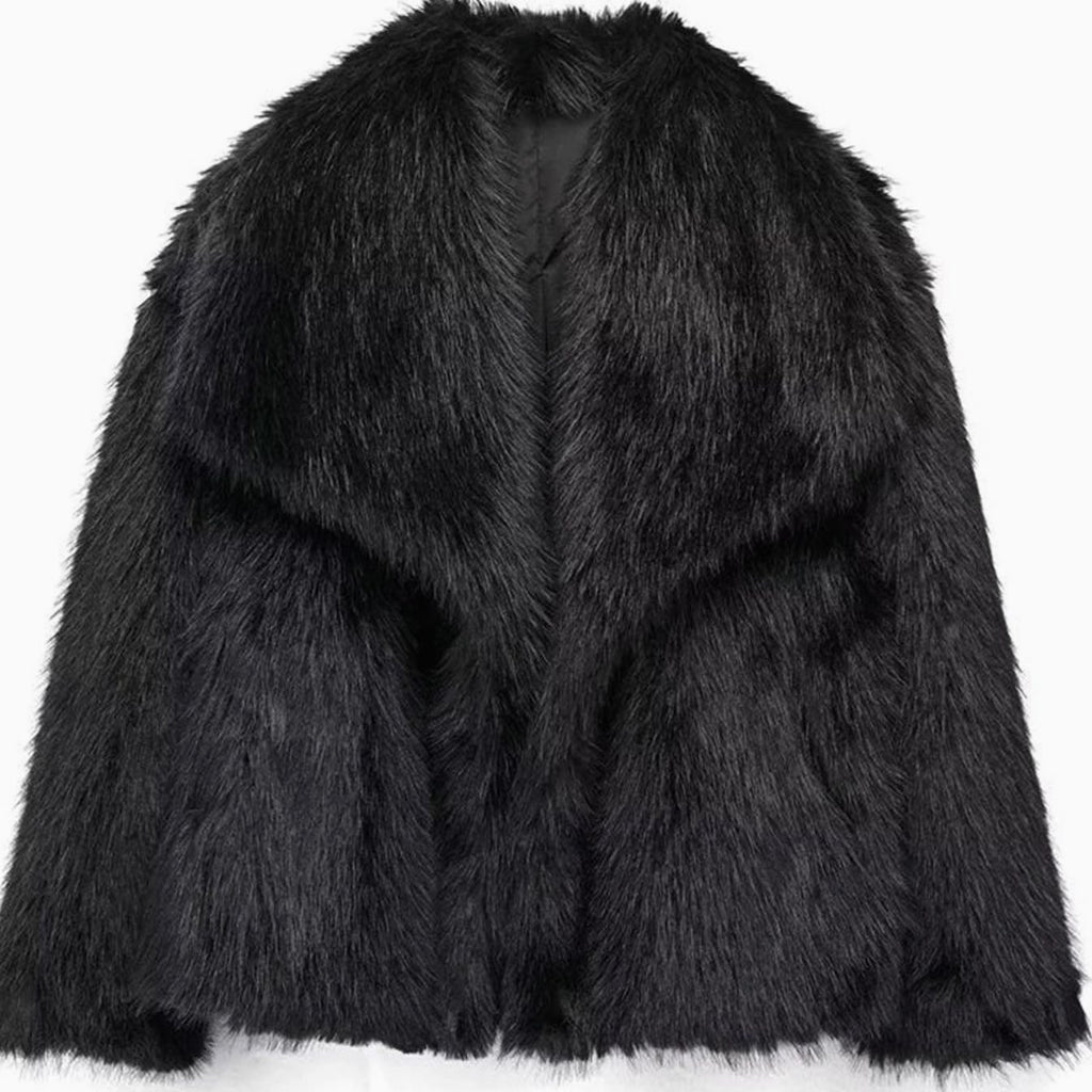 Women's Relaxed Fit Open Front Faux Fur Jacket - Black