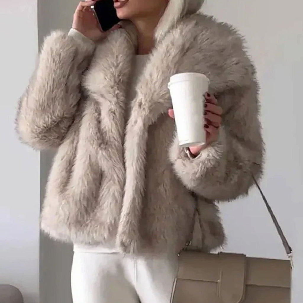 Women's Relaxed Fit Open Front Faux Fur Jacket - Light Brown