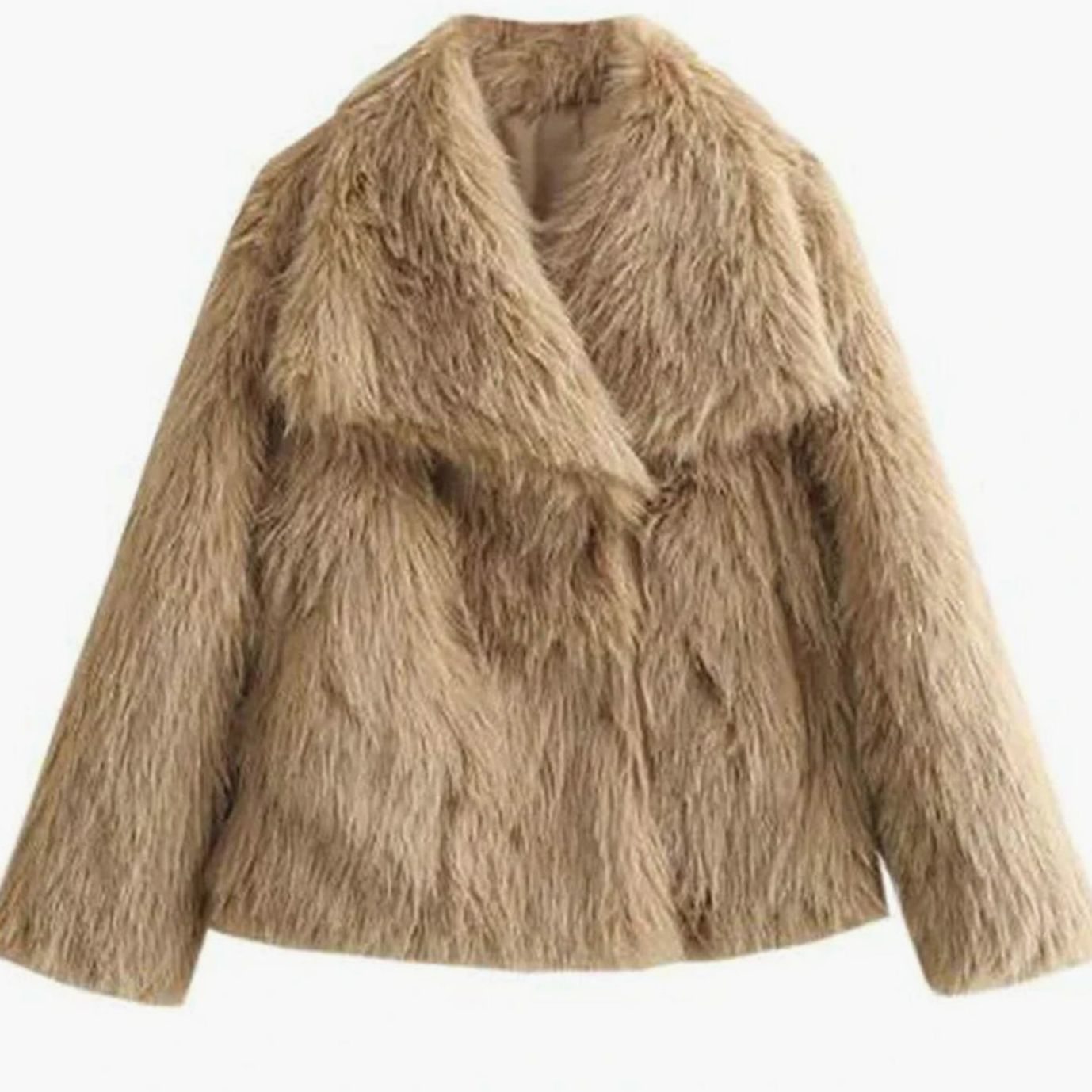 Women's Relaxed Fit Open Front Faux Fur Jacket - Beige