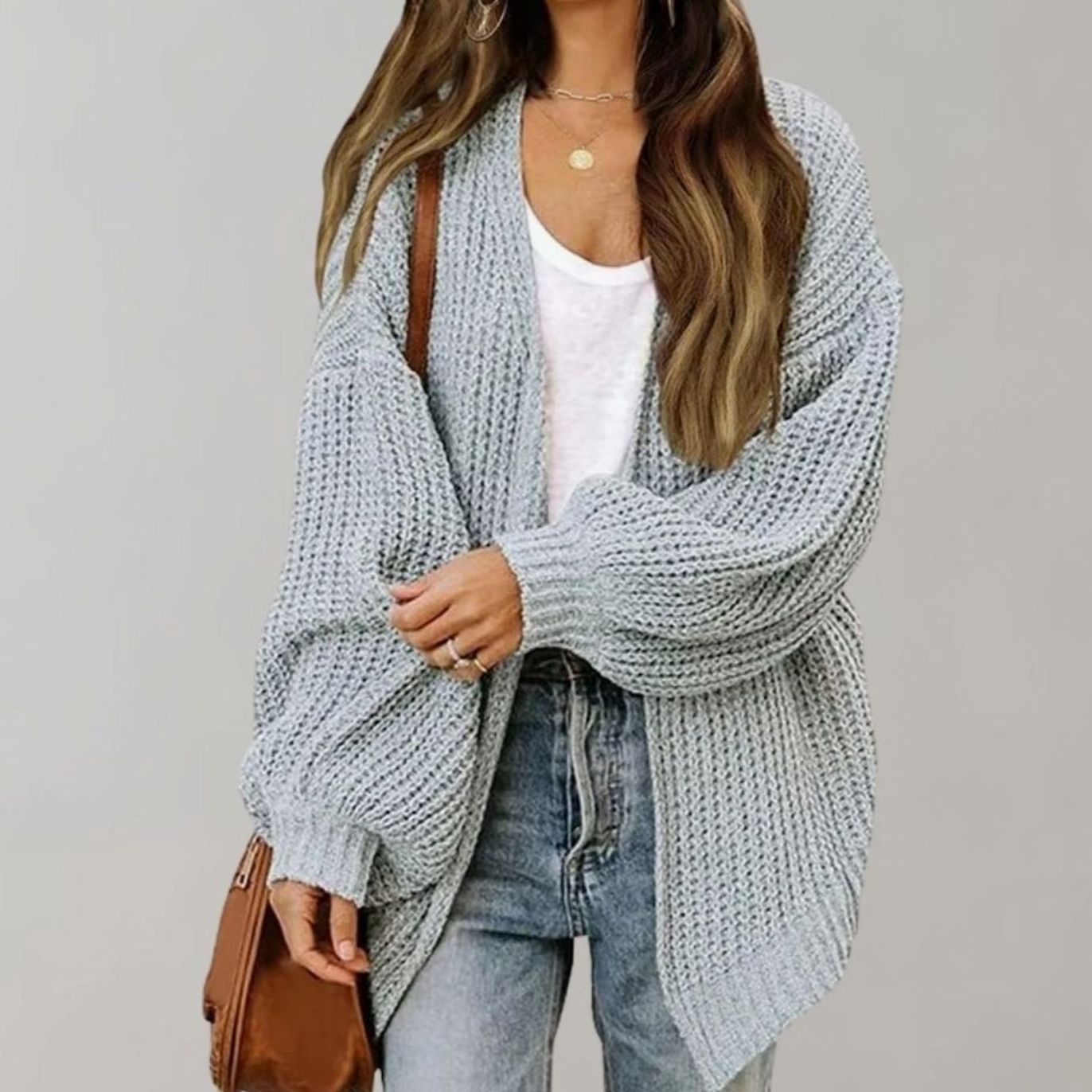 Women's Relaxed Fit Oversized Knit Open Front Cardigan Sweater - Grey