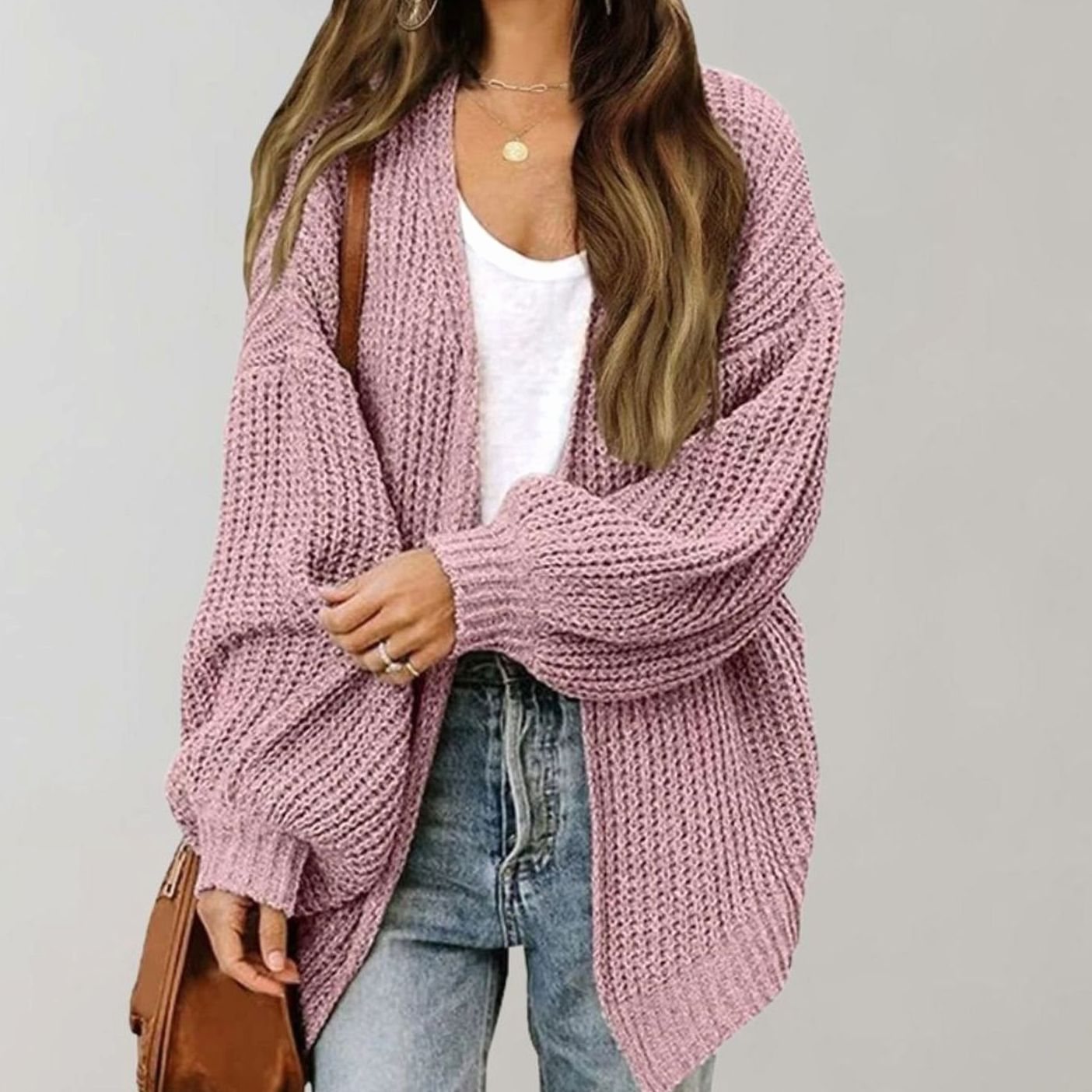 Women's Relaxed Fit Oversized Knit Open Front Cardigan Sweater - Pink