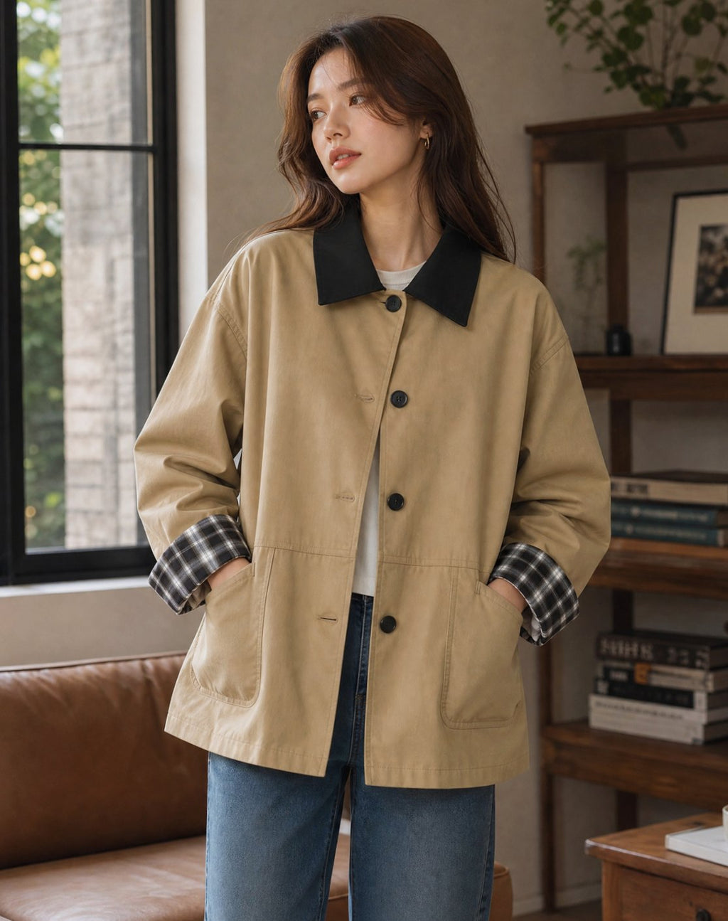 Women's Relaxed-Fit Plaid-Trim Button-Up Chore Jacket