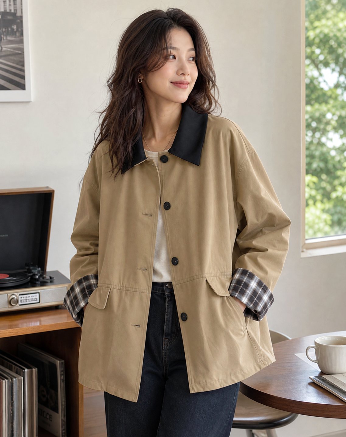 Women's Relaxed-Fit Plaid-Trim Button-Up Chore Jacket