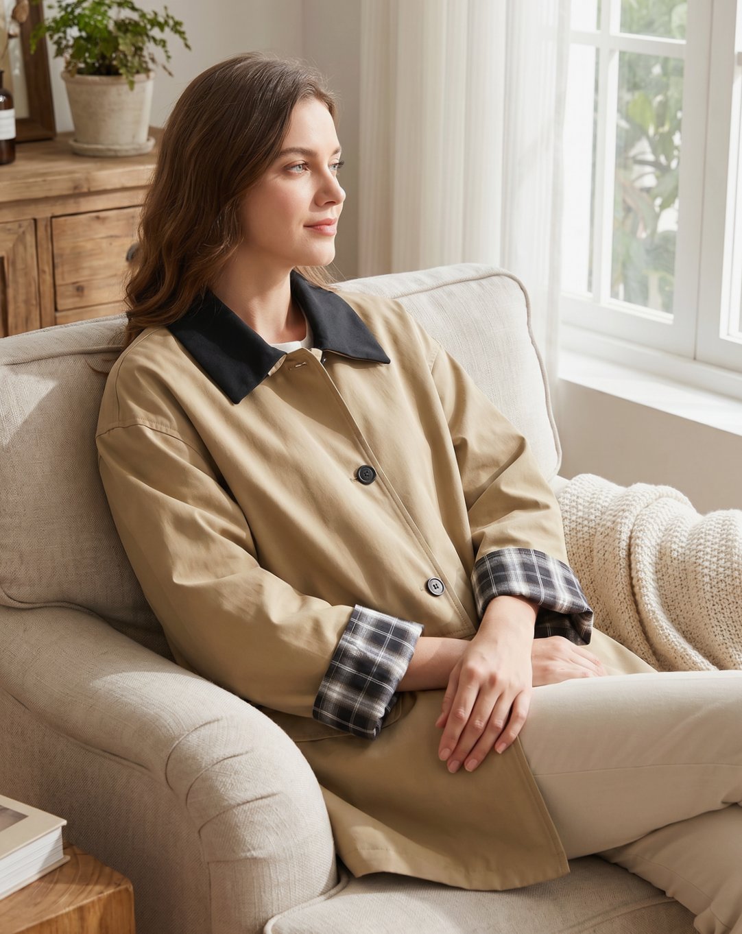 Women's Relaxed-Fit Plaid-Trim Button-Up Chore Jacket