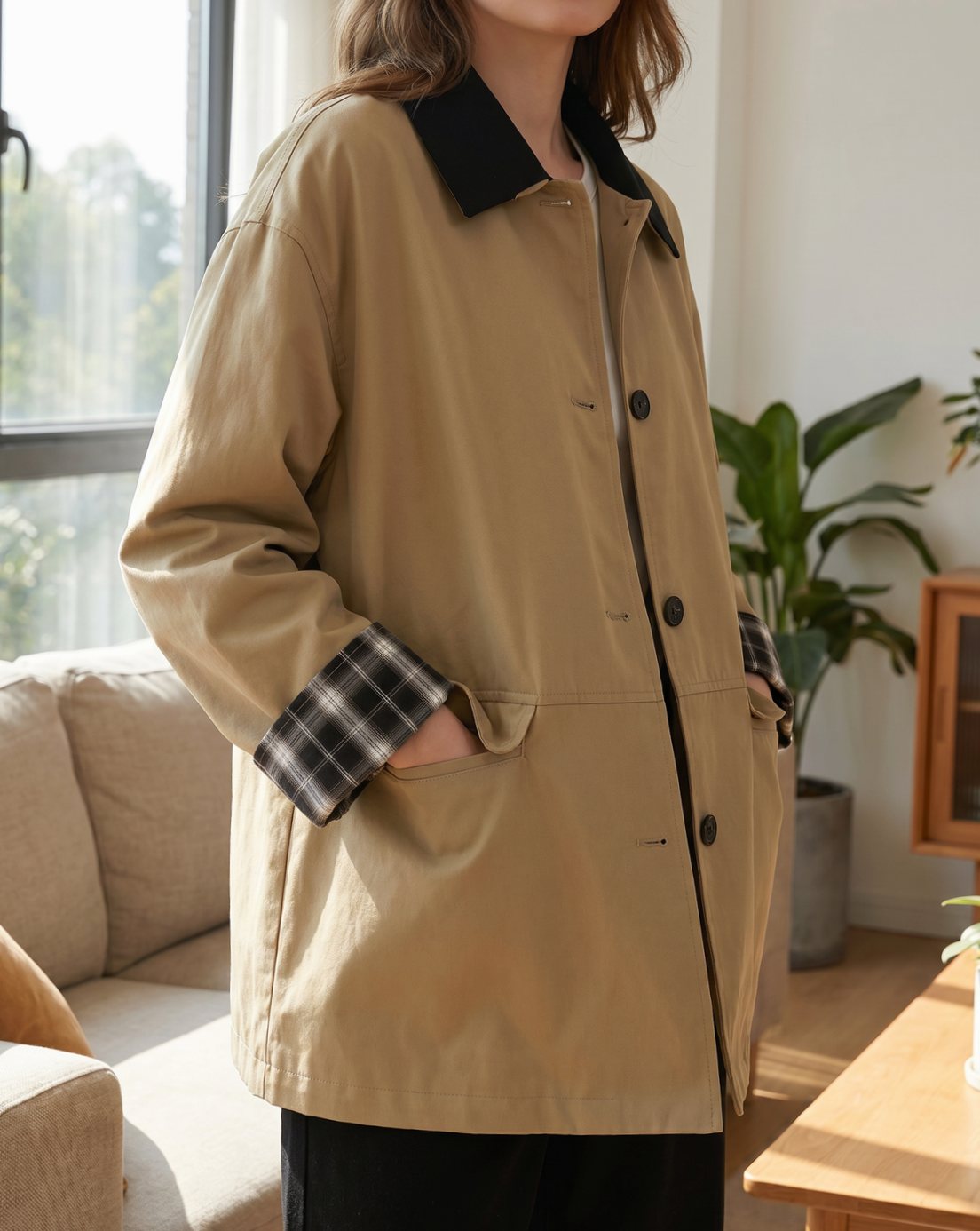 Women's Relaxed-Fit Plaid-Trim Button-Up Chore Jacket