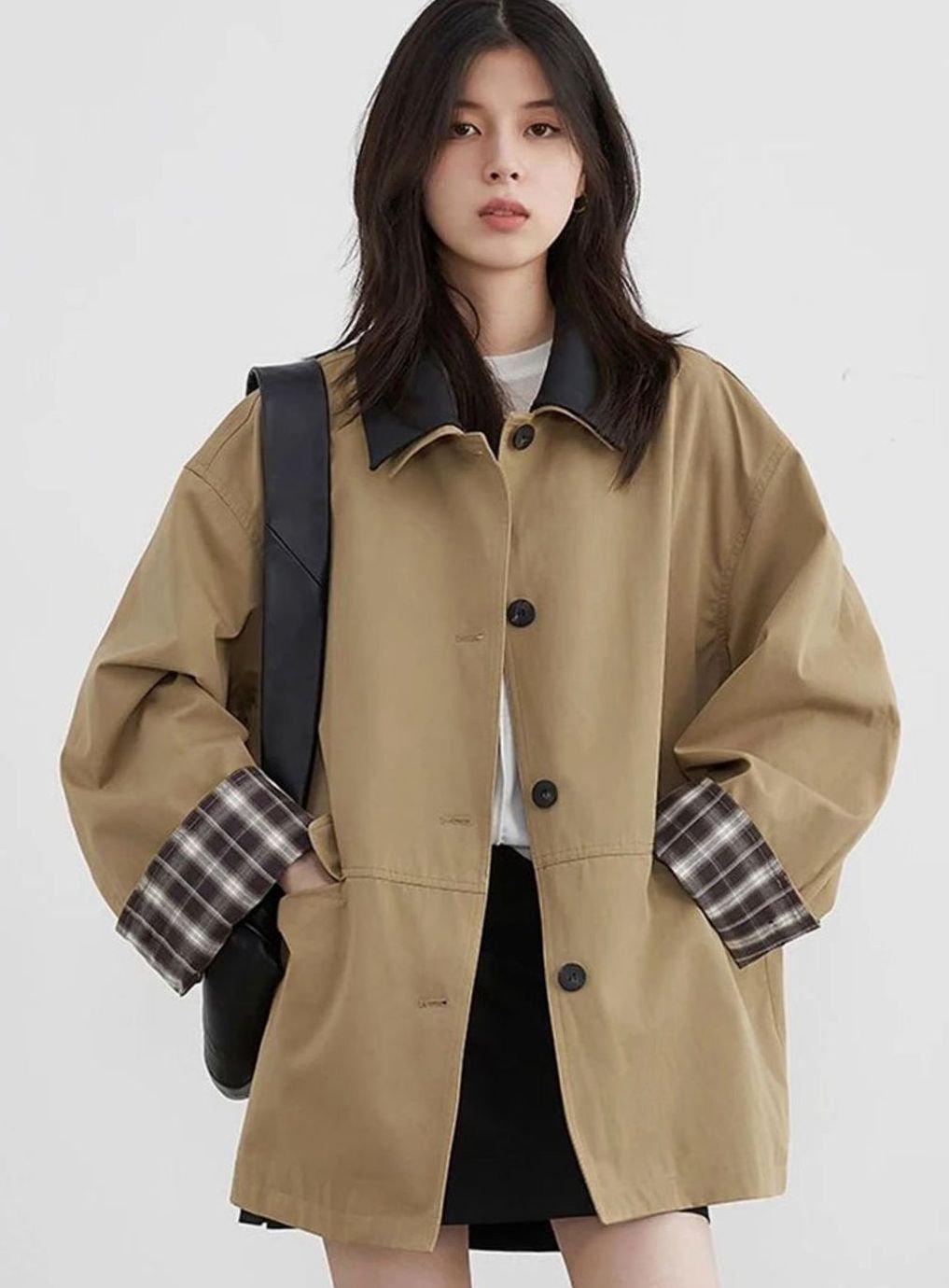 Women's Relaxed-Fit Plaid-Trim Button-Up Chore Jacket - Dark Beige