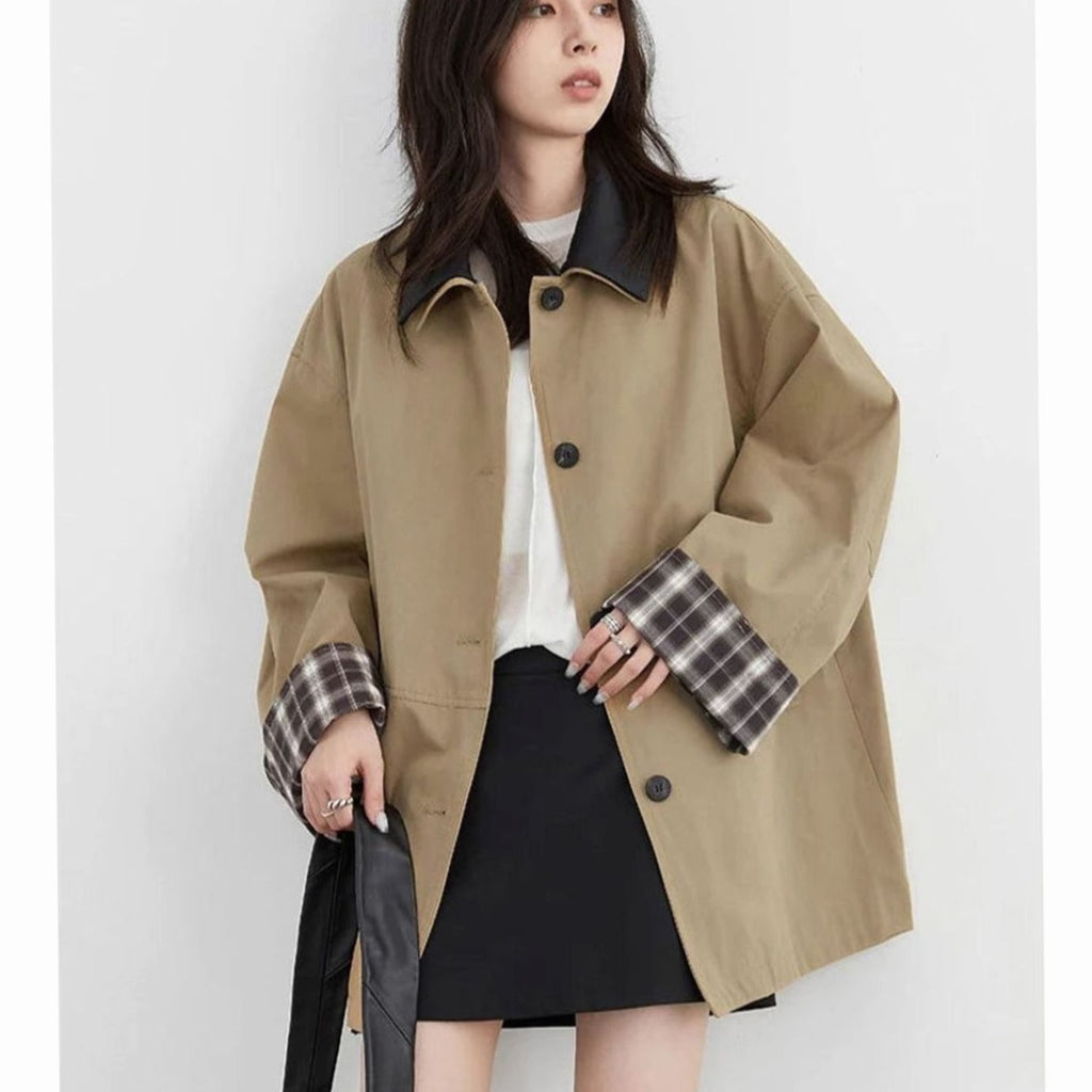 Women's Relaxed-Fit Plaid-Trim Button-Up Chore Jacket