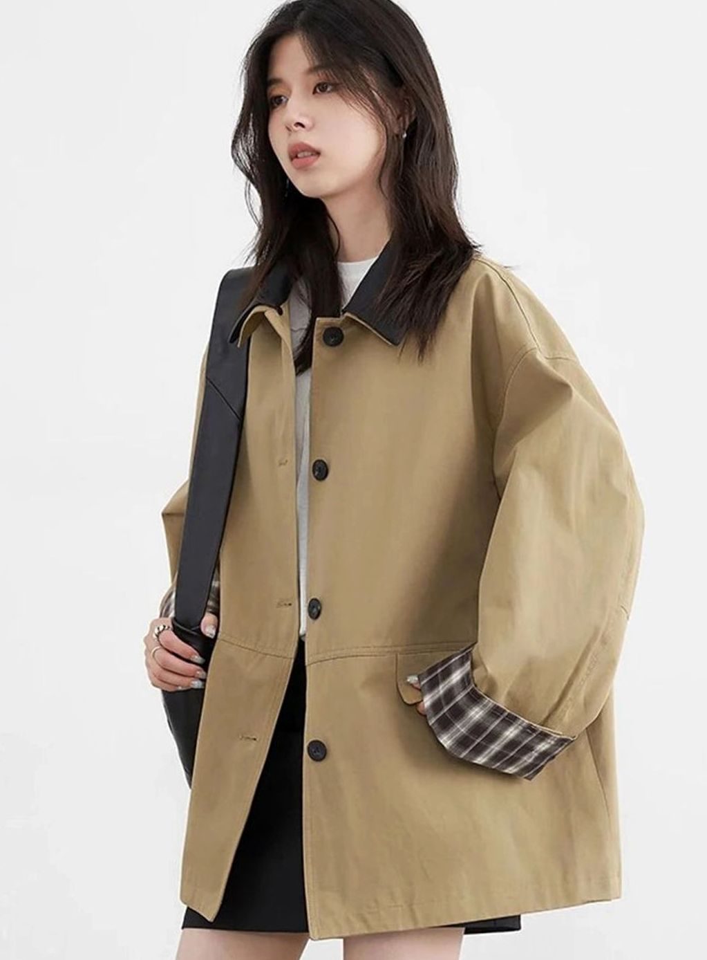 Women's Relaxed-Fit Plaid-Trim Button-Up Chore Jacket
