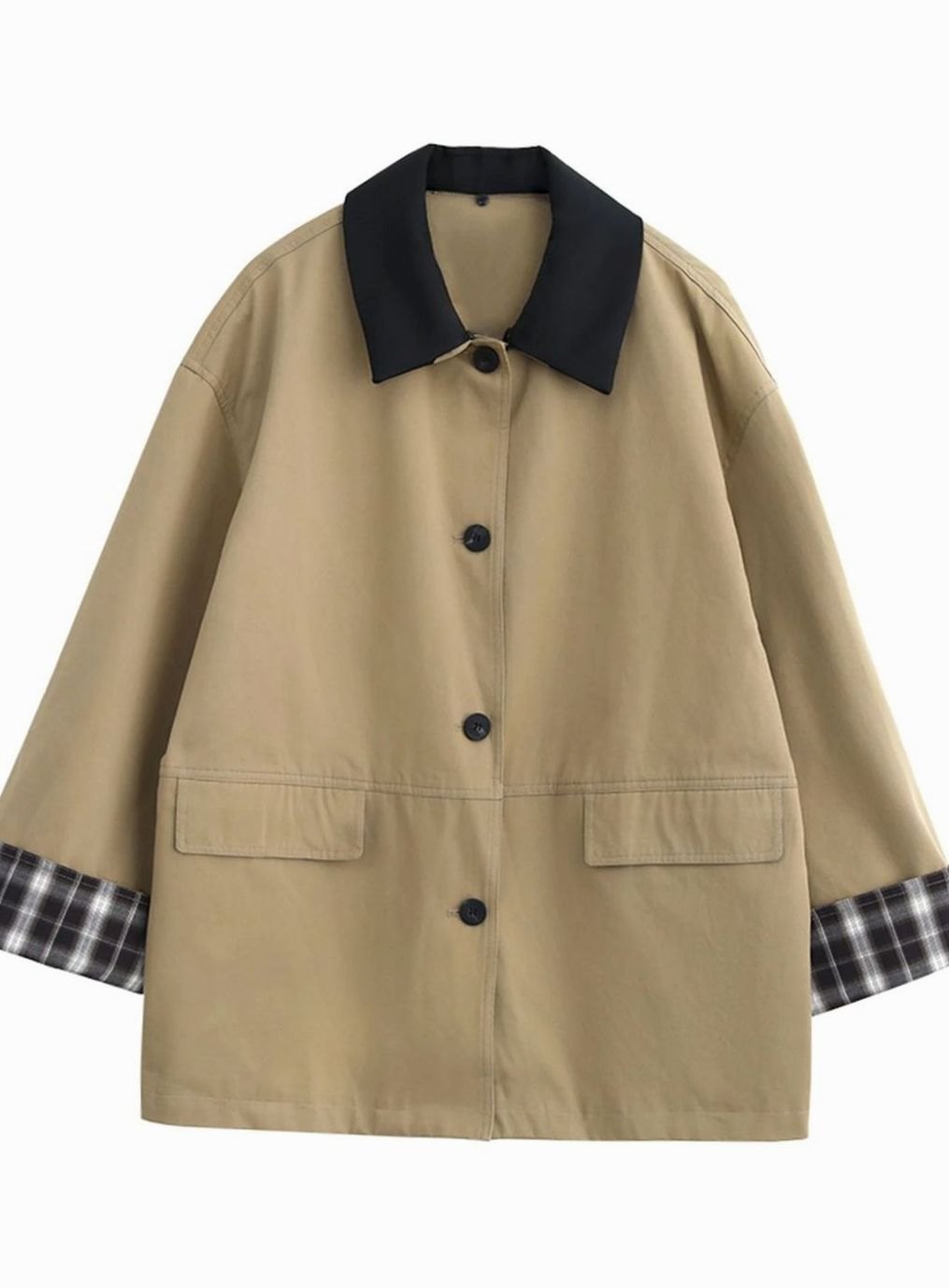 Women's Relaxed-Fit Plaid-Trim Button-Up Chore Jacket