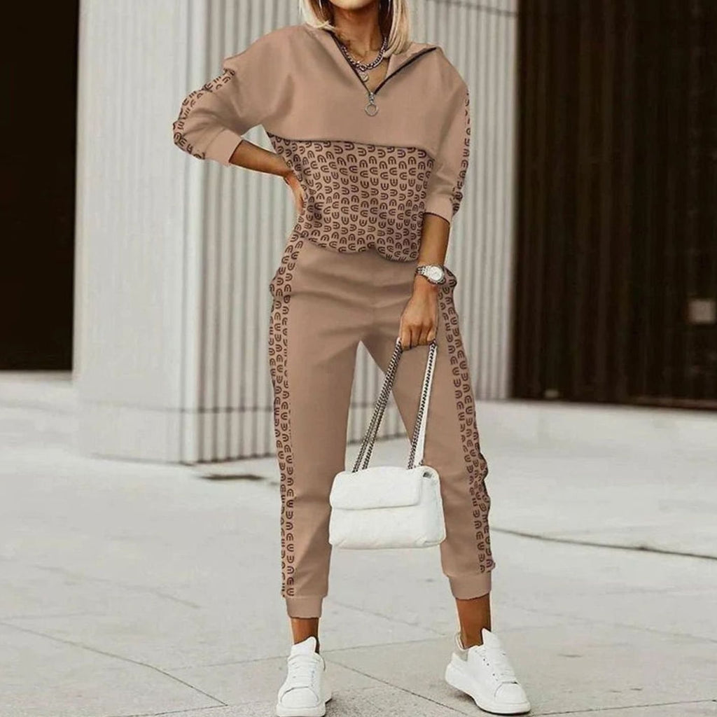 Women's Relaxed-Fit Quarter-Zip Printed Tracksuit Set - Brown