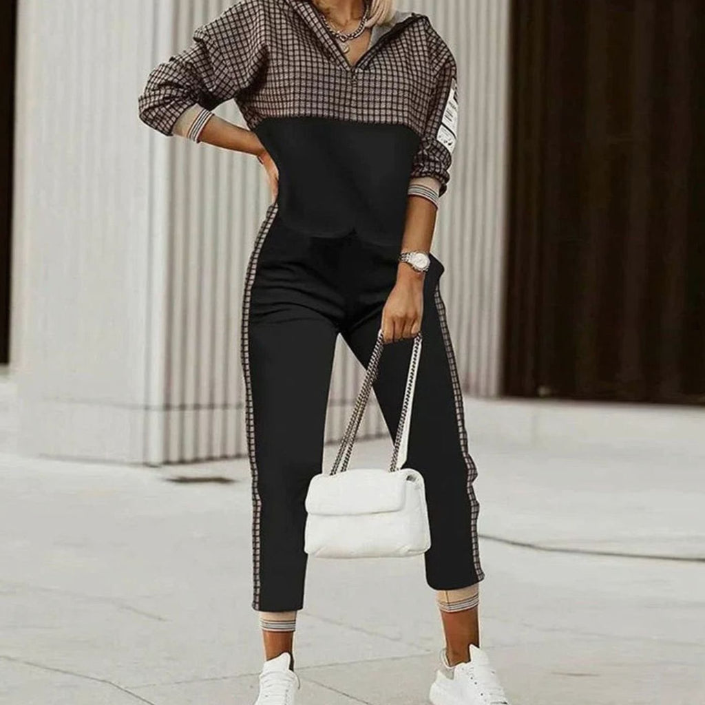 Women's Relaxed-Fit Quarter-Zip Printed Tracksuit Set - Black