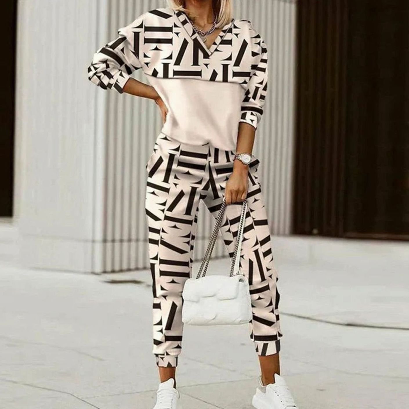 Women's Relaxed-Fit Quarter-Zip Printed Tracksuit Set - Beige