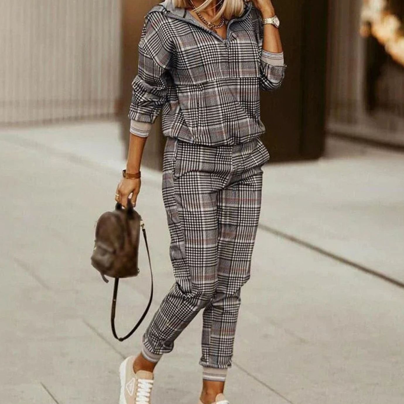 Women's Relaxed-Fit Quarter-Zip Printed Tracksuit Set - Dark Grey