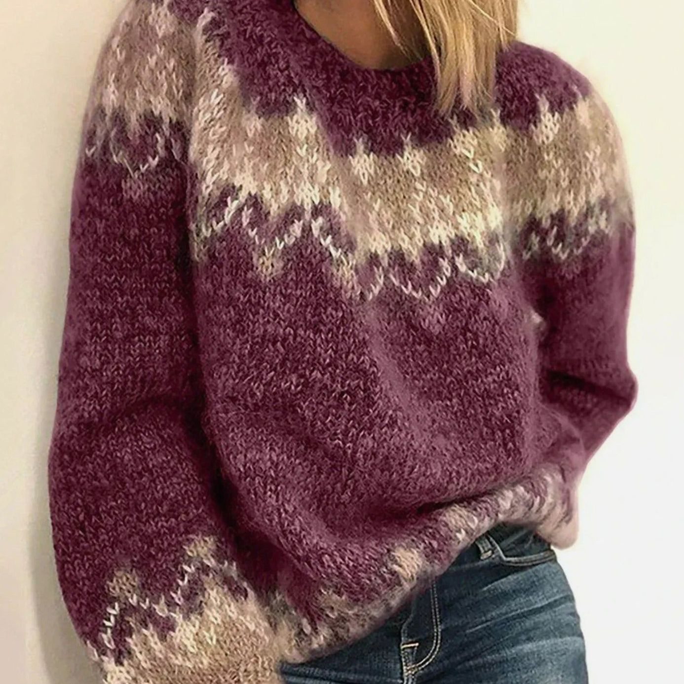 Women's Relaxed-Fit Round-Neck Cozy Knit Winter Sweater - Red