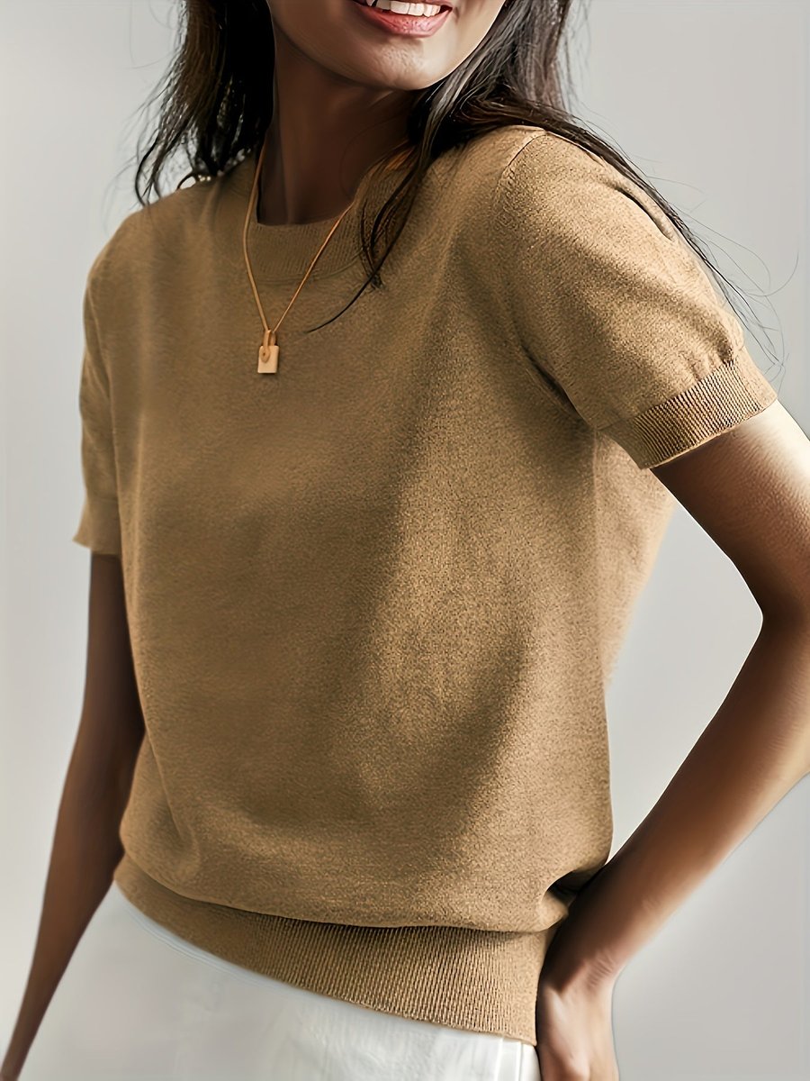 Women's Relaxed-Fit Short-Sleeve Knit Sweater Top - Earthy Beige