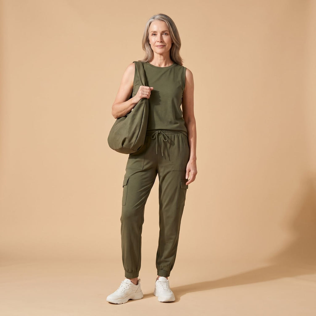 Women's Relaxed-Fit Sleeveless Cargo Pocket Two Piece Set - Olive