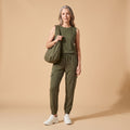 Women's Relaxed-Fit Sleeveless Cargo Pocket Two Piece Set - Olive
