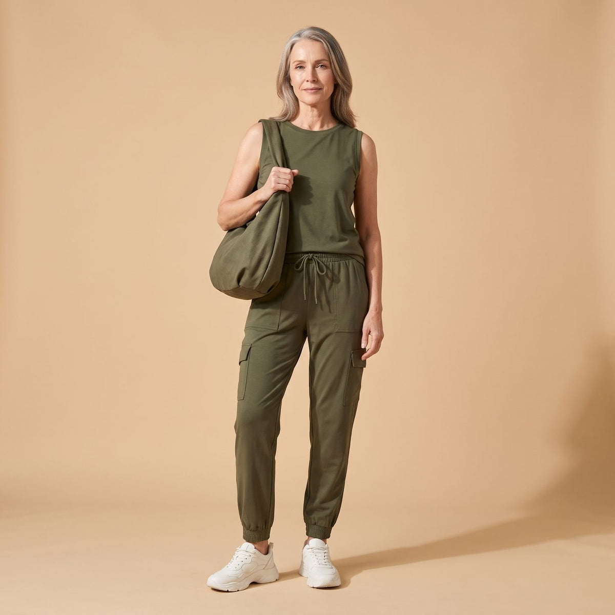 Women's Relaxed-Fit Sleeveless Cargo Pocket Two Piece Set - Olive