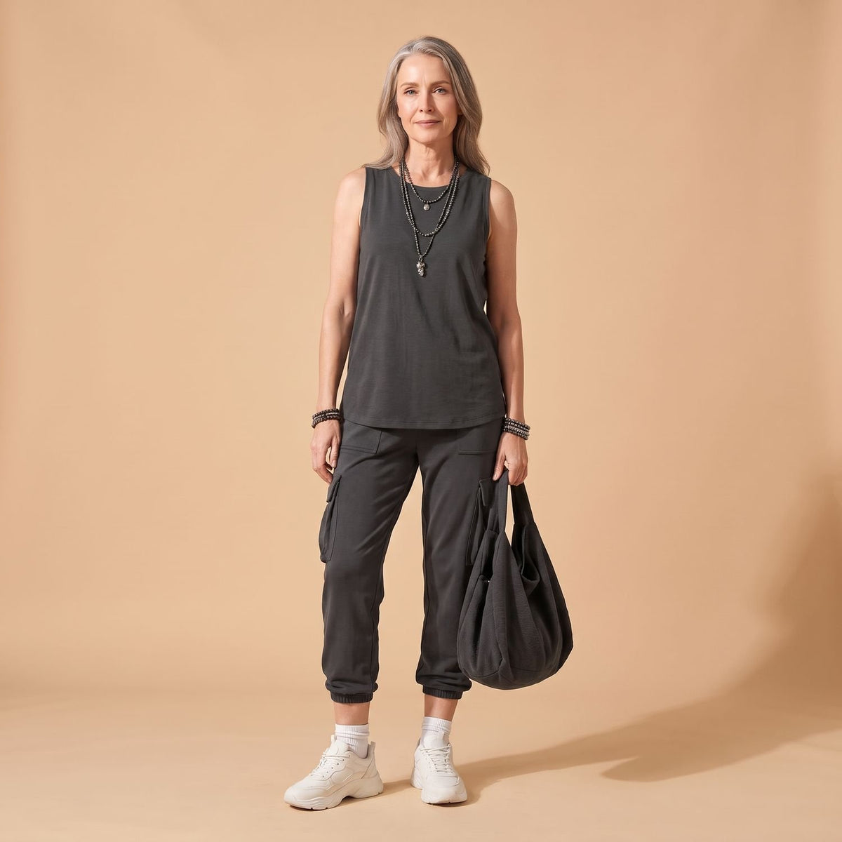 Women's Relaxed-Fit Sleeveless Cargo Pocket Two Piece Set - Charcoal