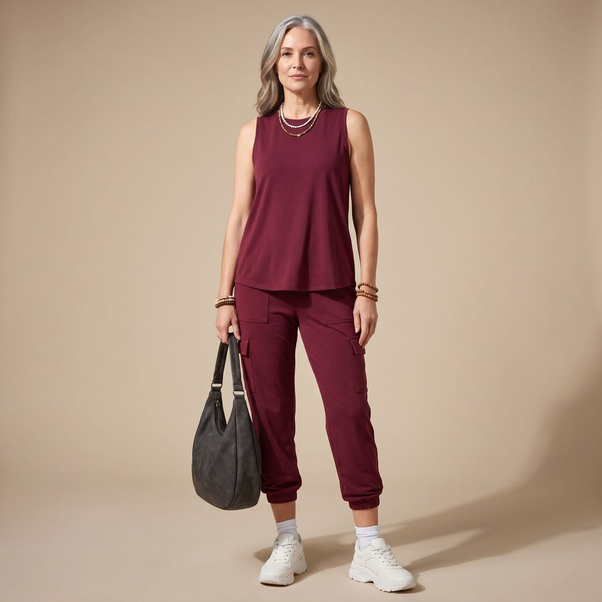 Women's Relaxed-Fit Sleeveless Cargo Pocket Two Piece Set - Burgundy