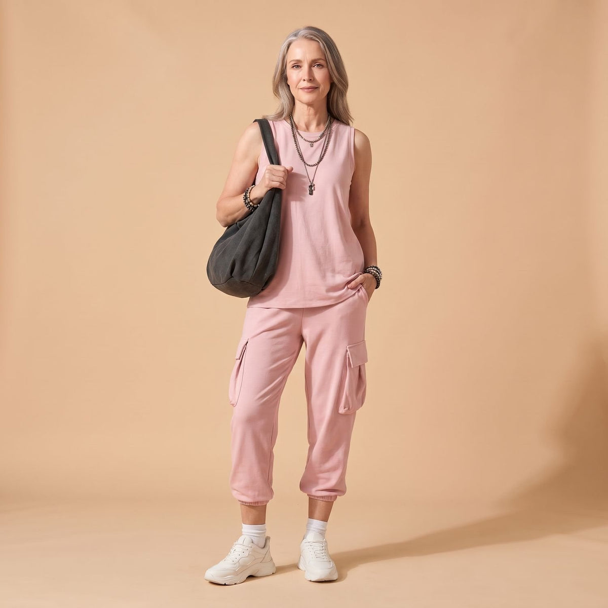 Women's Relaxed-Fit Sleeveless Cargo Pocket Two Piece Set - Pink