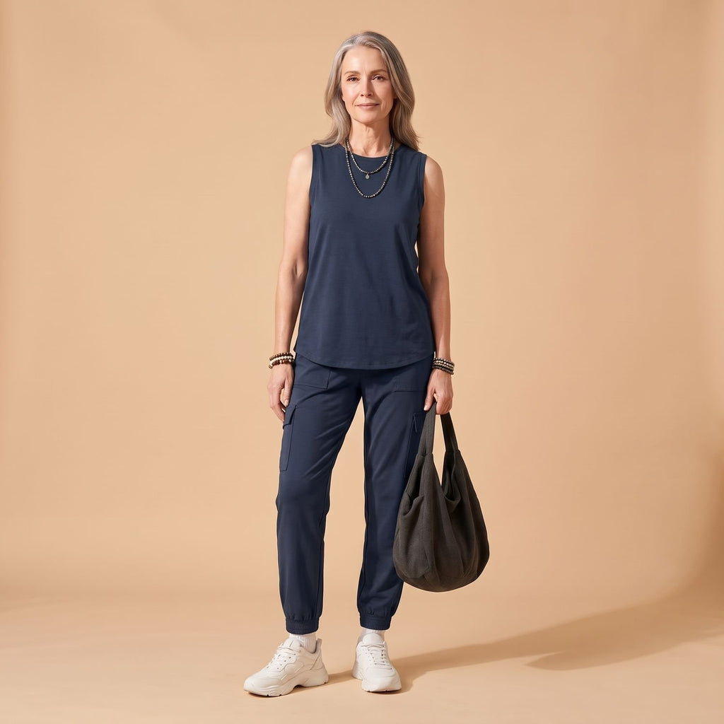 Women's Relaxed-Fit Sleeveless Cargo Pocket Two Piece Set - Navy