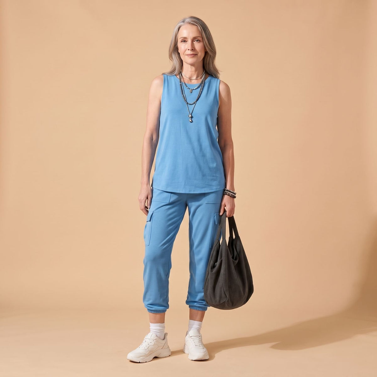 Women's Relaxed-Fit Sleeveless Cargo Pocket Two Piece Set - Light Blue