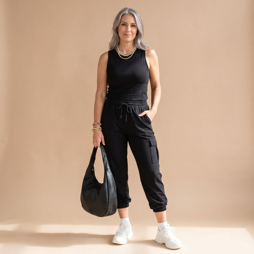 Women's Relaxed-Fit Sleeveless Cargo Pocket Two Piece Set - Black