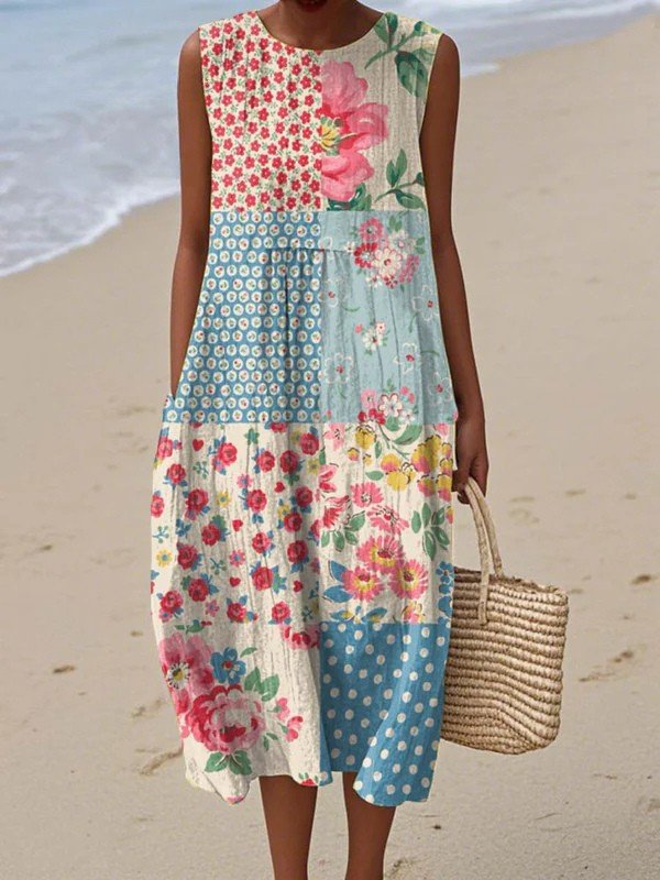 Women's Relaxed-Fit Sleeveless Patchwork Floral Midi Dress - Multicolor
