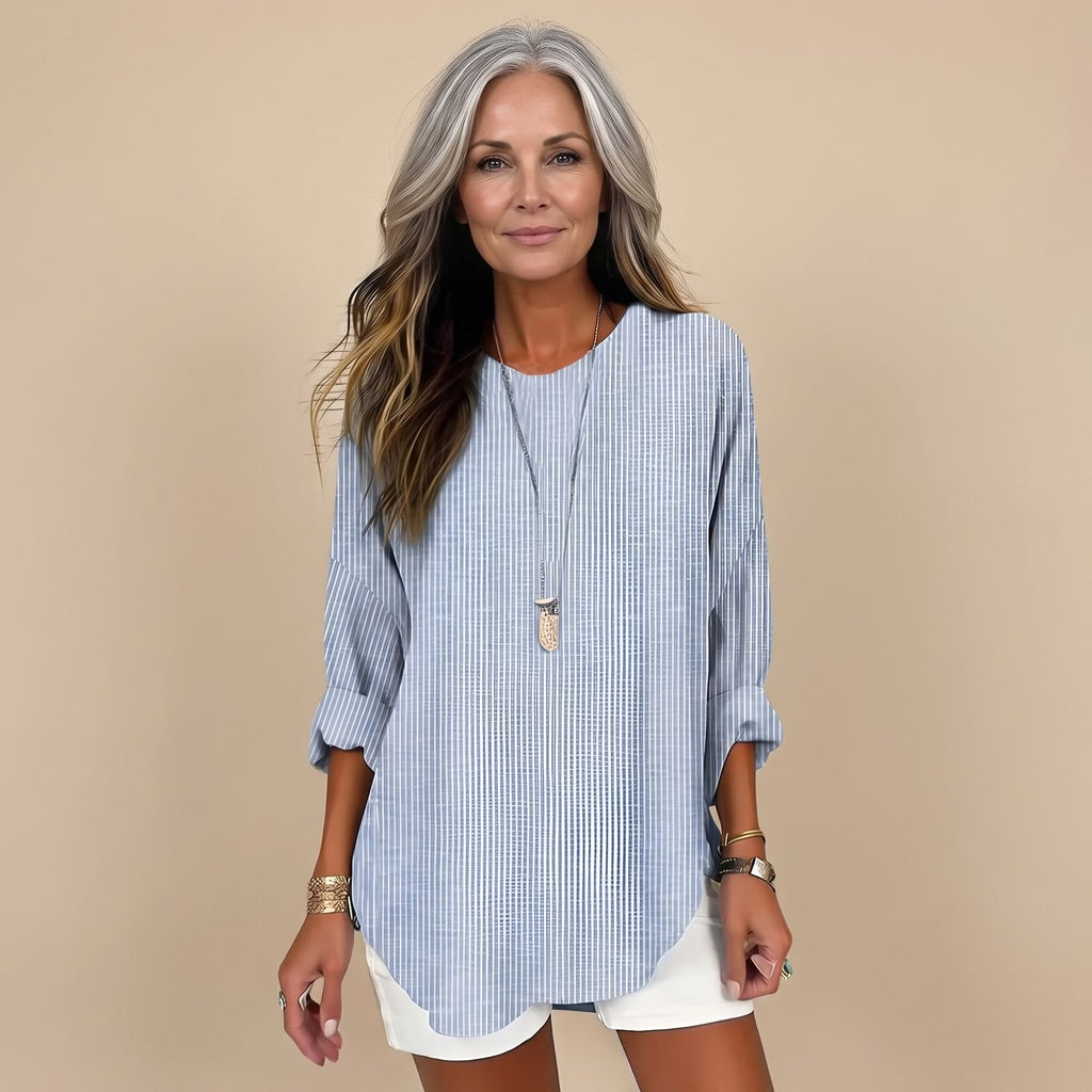 Women's Relaxed-Fit Striped Round-Neck Long-Sleeve Blouse - Blue