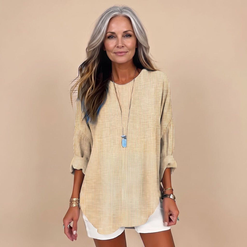 Women's Relaxed-Fit Striped Round-Neck Long-Sleeve Blouse - Khaki