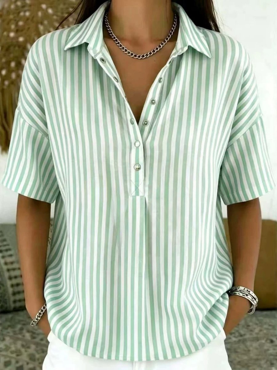 Women's Relaxed-Fit Striped Snap-Button Collared Blouse - Light Green