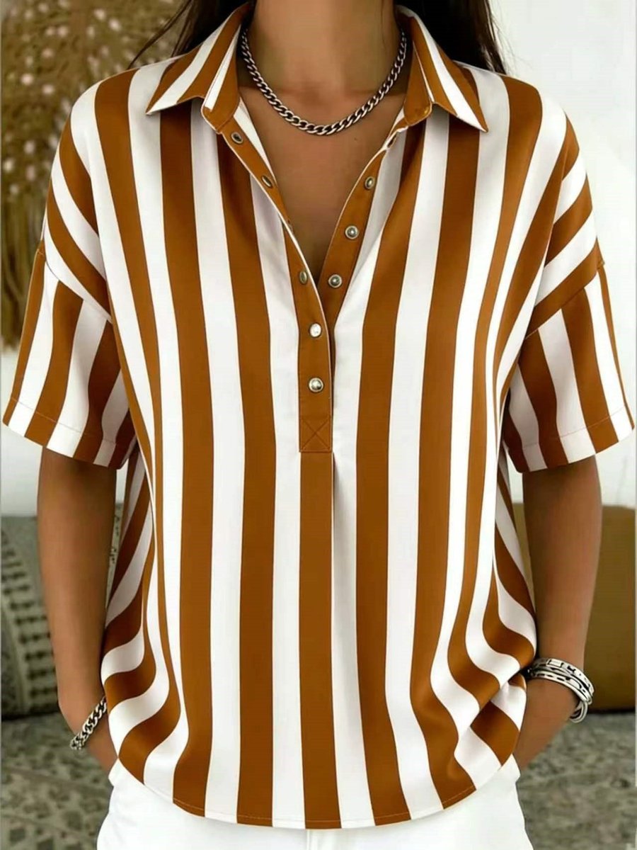 Women's Relaxed-Fit Striped Snap-Button Collared Blouse - Brown