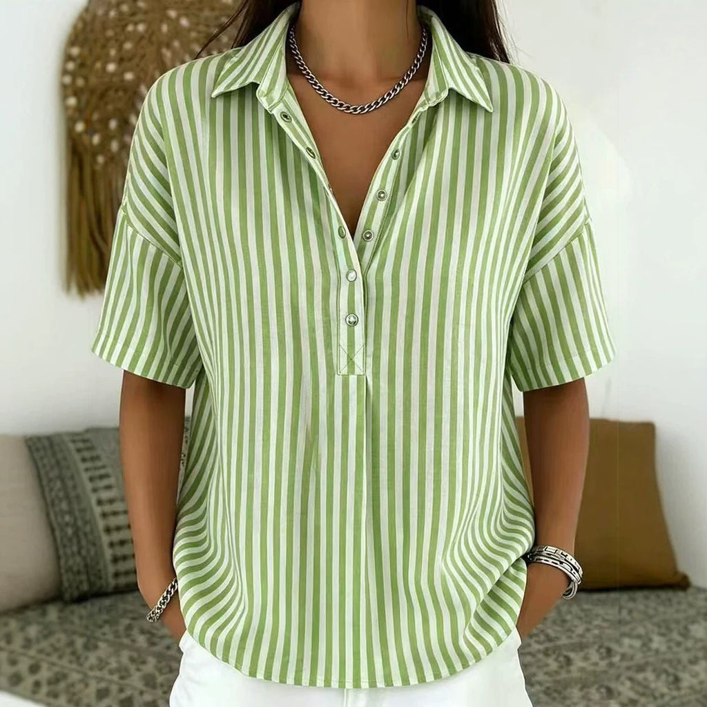Women's Relaxed-Fit Striped Snap-Button Collared Blouse - Dark Green